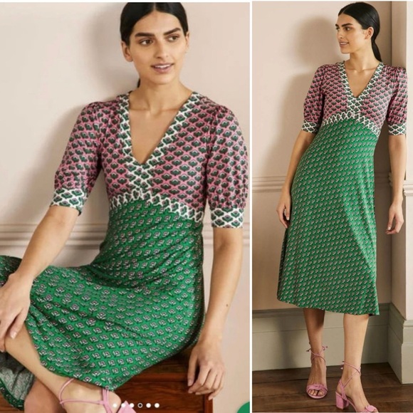 Boden Eva Jersey Knit Green and Pink Floral Midi Dress - Picture 1 of 10